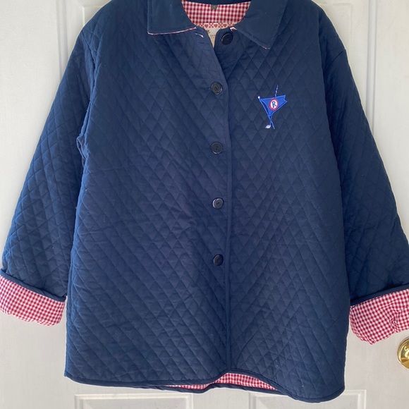 Hand-Crafted Navy Quilted Jacket with Gingham Trim NEW - Picture 7 of 9